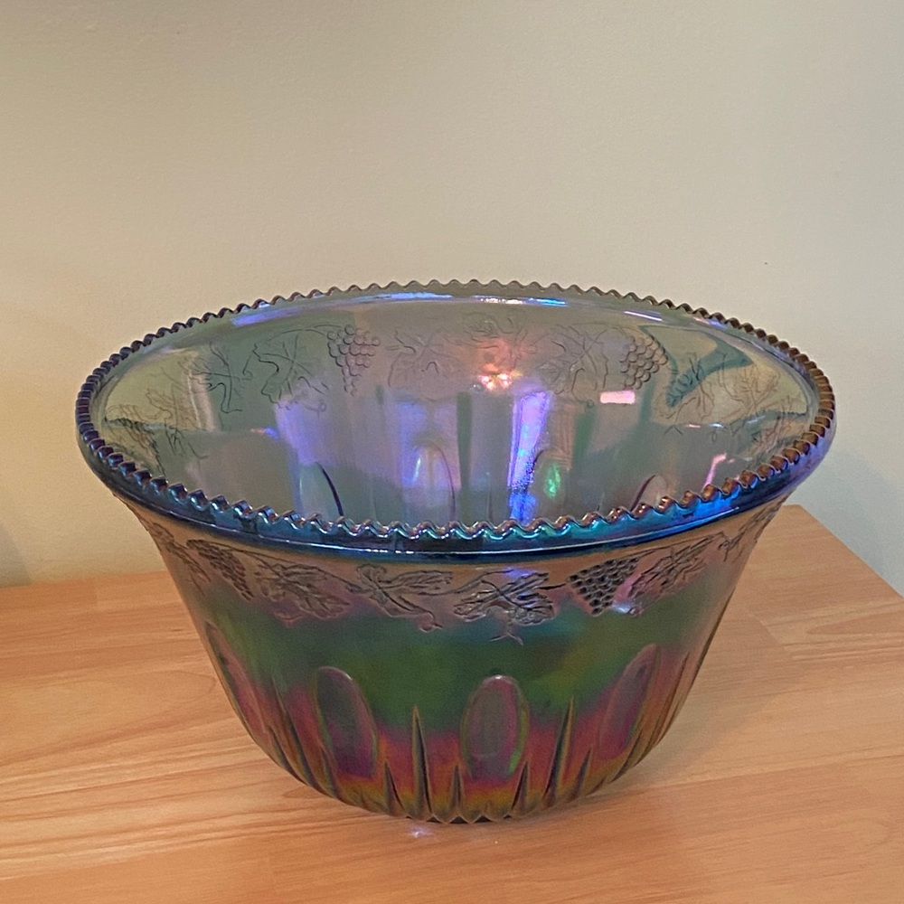 Iridescent Carnival Glass Decorative Punch Bowl Blue Green - Picture 10 of 15